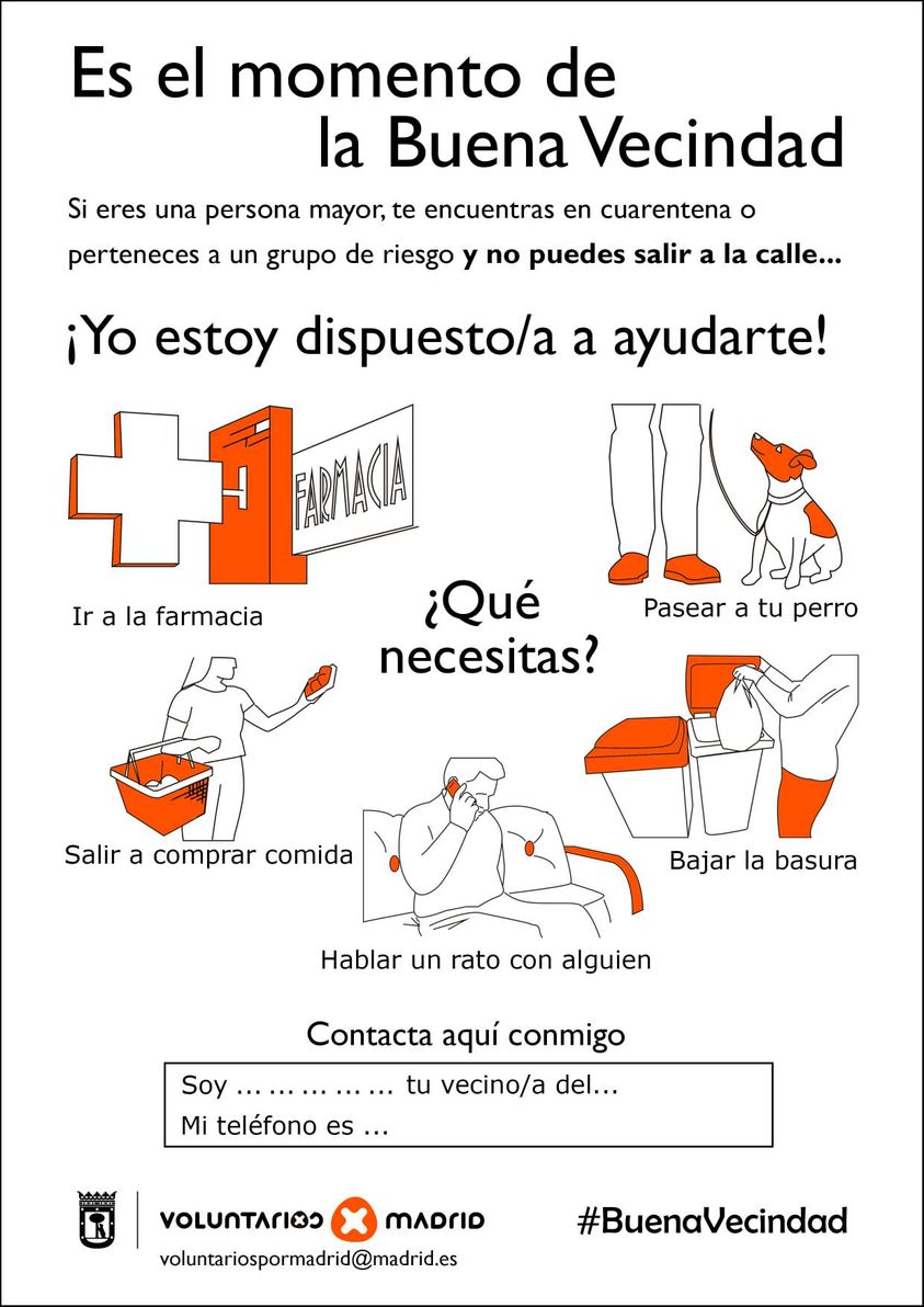 SerranoAlbertoP's tweet photo. Voluntarios por Madrid sugiere una fórmula de sencilla pero muy importante de colaborar con los más necesitados. Imprimir y colgar un cartel. https://t.co/umktPaRevR