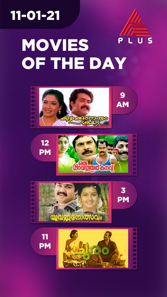 asianet's tweet photo. മോഹൻലാലിന്റേയും മമ്മൂട്ടിയുടേയും എവർഗ്രീൻ സൂപ്പർഹിറ്റ് ചിത്രങ്ങൾ.. ഒപ്പം എത്ര കണ്ടാലും മതിവരാത്ത ക്ലാസിക് ചിത്രങ്ങളും..

Movies of the Day || Jan 11 Monday
#MoviesOfTheDay #AsianetPlus #Churam #Yuvajanolsavam #KizhakkunarumPakshi #OruMaravathoorKanavu https://t.co/JQNExbeOTb