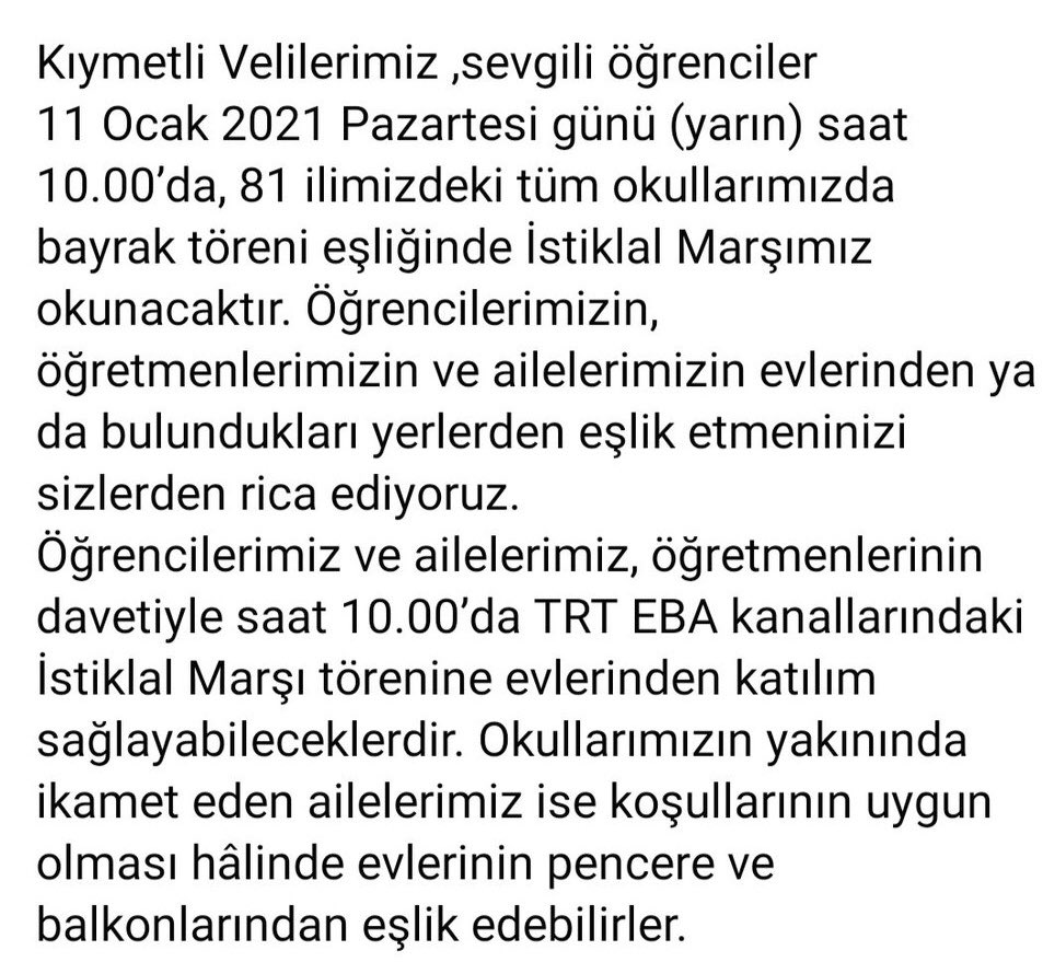 11 Ocak Pazartesi Günü Saat 10:00 da okulumuzda Bayrak Töreni eşliğinde İstiklâl Marşımız okunacaktır. <a href="/ferhatyilmaz23/">🇹🇷Ferhat YILMAZ</a> <a href="/yenice_ibaykal/">İsmail BAYKAL🇹🇷</a> @MemCanakkale <a href="/CanakkaleYenice/">Yenice Kaymakamlığı</a> <a href="/musagoktas_/">Musa Göktaş</a> @EgitimYenice <a href="/didecann/">Didem Devrim Atacan İnanç</a> <a href="/hatice_temel/">Hatice Temel Bayram</a> <a href="/melekyardmc9/">melek yardımcı</a>