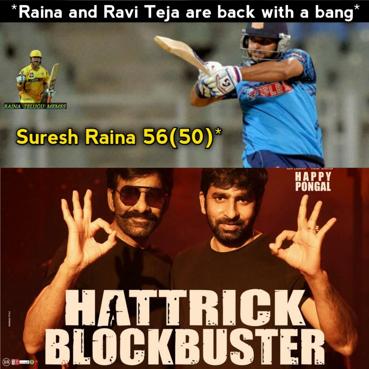 Raina_Memes_'s tweet photo. Raina and Ravi Teja are back with a bang🔥
@ImRaina #SureshRaina #Raina #mripl #chinnathala #WelcomeBackRaina #KrackMovie https://t.co/a1UDvc6zsL