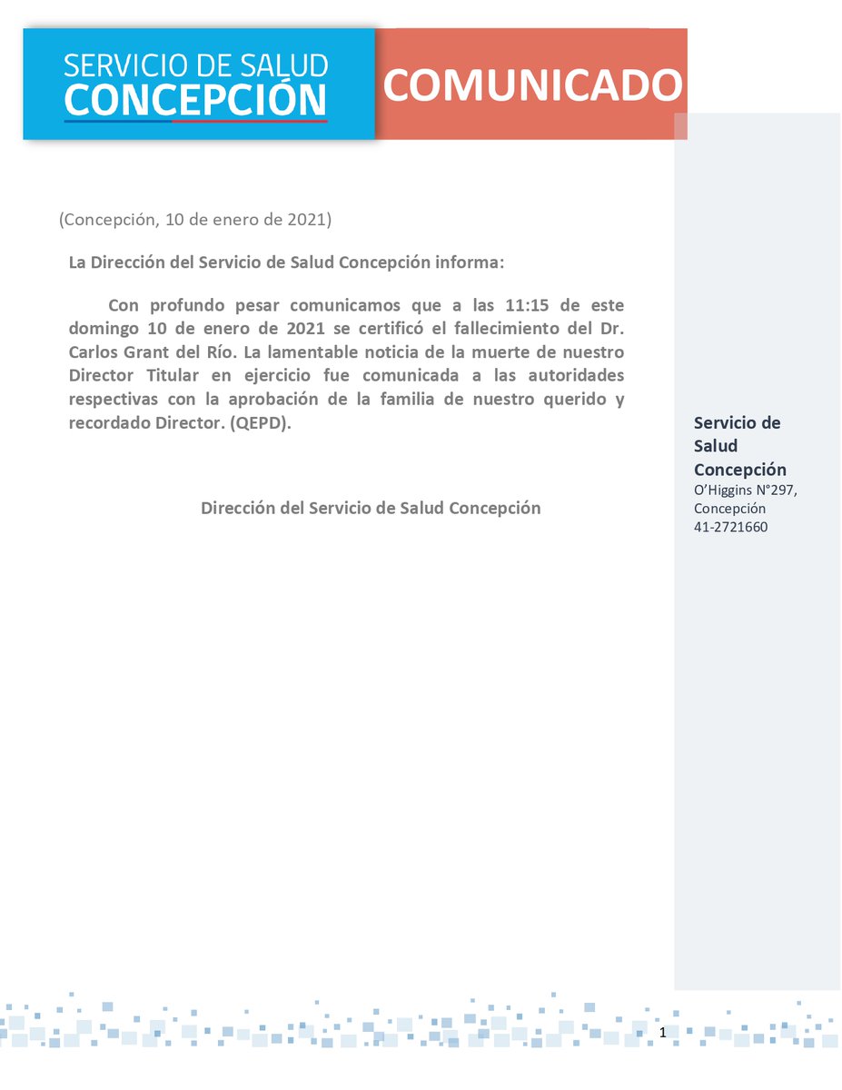 servsaludconce's tweet photo. 📍 La Dirección del Servicio de #Salud #Concepción informa: 

Con profundo pesar comunicamos que a las 11:15 de este domingo 10 de enero de 2021 se certificó el fallecimiento del Dr. Carlos Grant del Río. https://t.co/HItCMxZ6br