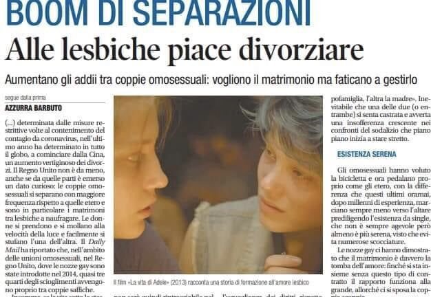Da giornalista, da donna eterosessuale chiedo scusa. 
Dietro una separazione c’è sofferenza, travaglio e dolore per tutti: etero e omosessuali. Trattare così un tema delicato vuole dire essere razzisti e omofobi. Oltre a non aver capito di rapporti di coppia in genere. #omofobia