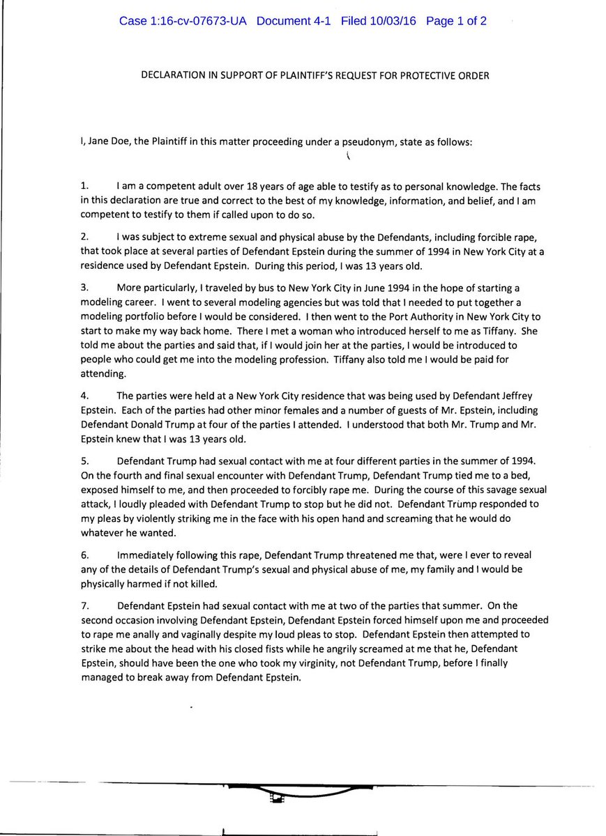 MichellesDude's tweet image. "Immediately following this rape, Defendant Trump threatened Plaintiff that, were she ever to reveal any of the details of the sexual and physical abuse of her by Defendant Trump, Plaintiff and her family would be physically harmed if not killed…"

#RapistInChief #evil