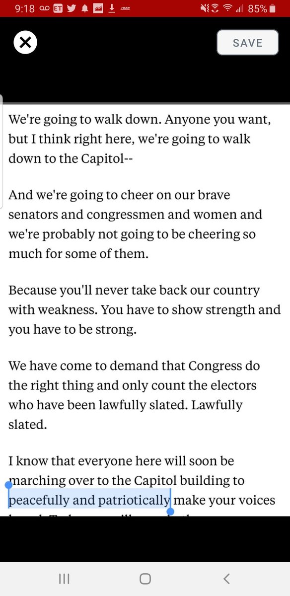 TonyMon65372105's tweet photo. @hipnature @drdavidsamadi Find in Trump's speech anywere in which he called for ANY harm to the Capitol and you will convert me from being a Trump supporter. https://t.co/mrQO7Aw2bJ