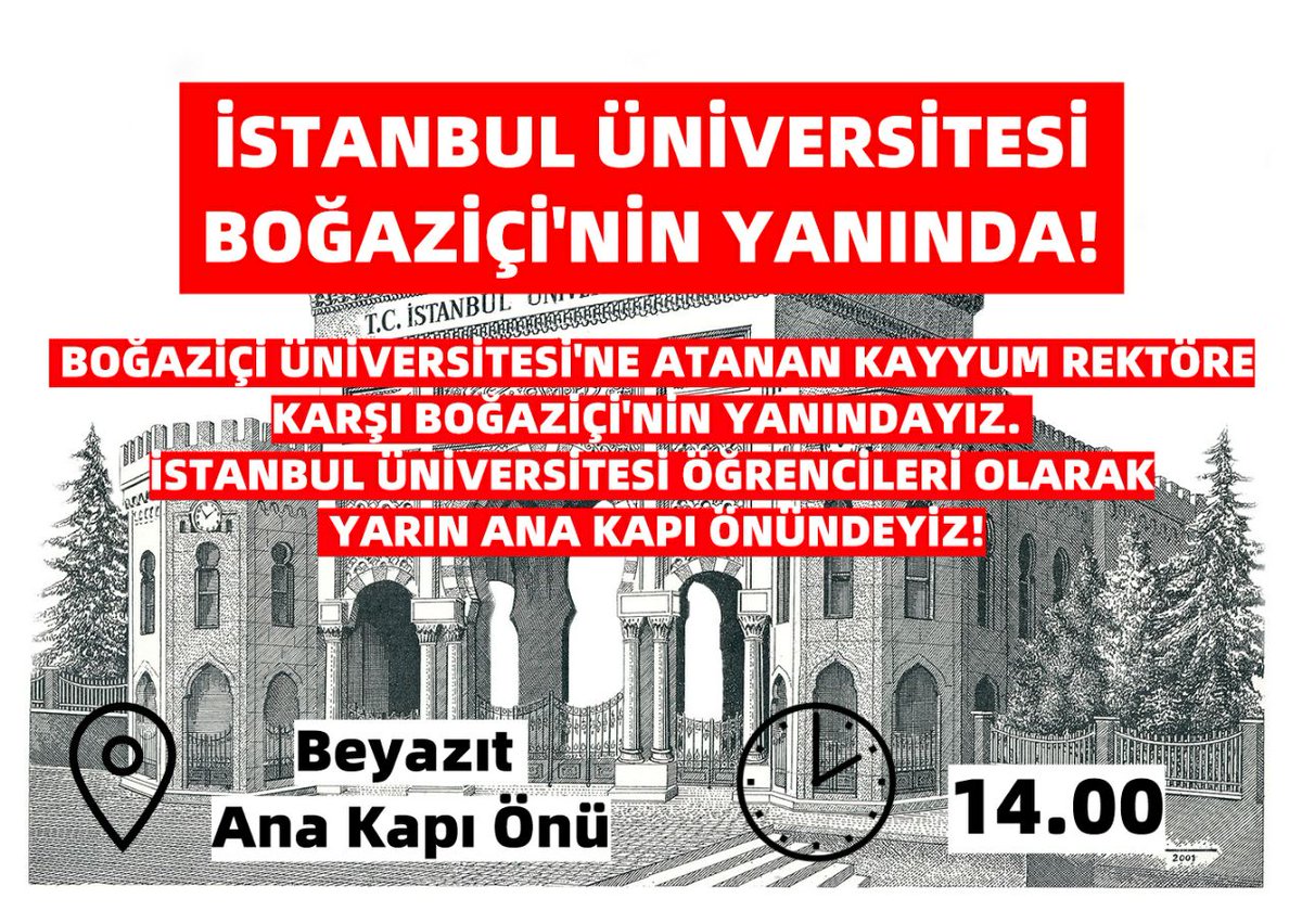 EHPGencligi's tweet photo. Boğaziçi Üniversitesi'nden Melih Bulu 
İstanbul Üniversitesi'nden Mahmut Ak defolup gidecek 👊

Üniversiteler bizimle özgürleşecek

📍Beyazıt Ana Kapı önü 
⌚14.00

#BogaziciDireniyor https://t.co/KJ0Aw3bs4y