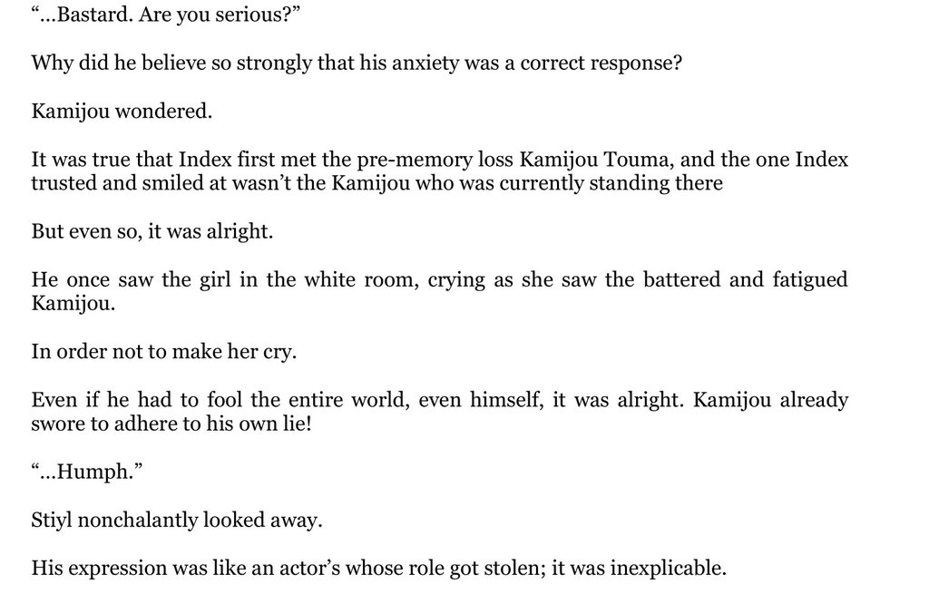 It also did a good job depiciting how self torn touma was with what would his pre lost memory self do and what his current self should do. made up for some of the best moments in the arc.