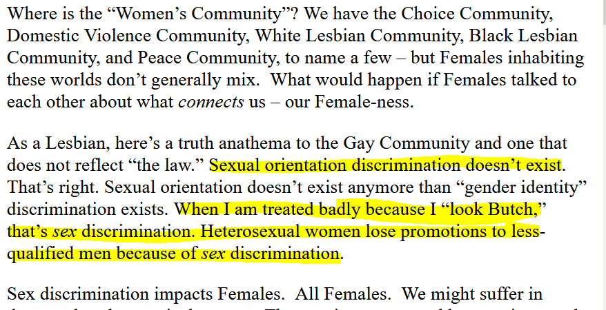 "Sexual orientation discrimination does not exist."It's all about SEX discrimination. About <Ferengi Voice>FEEEMAAALEEESSSS</Ferengi Voice>Cathy Brennan (bugbrennan),You Are A Splendid Butterfly blog, May 29, 2013