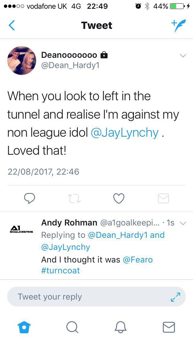a1goalkeeping's tweet image. Any danger Deano @JayLynchy one minute and now Fearo #twotimer