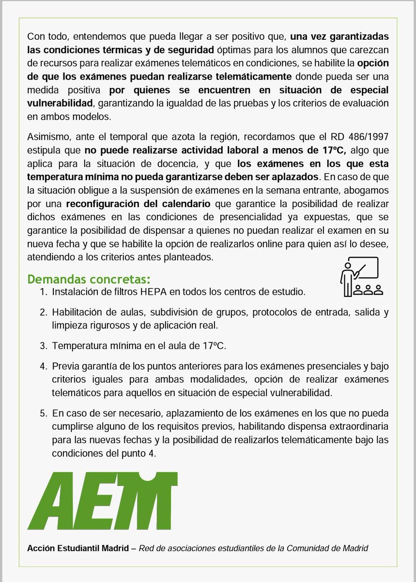 ¡Desde las asociaciones de AEM exigimos condiciones de seguridad y bienestar para realizar los examenes y la docencia de forma presencial ya! #ExámenesSeguros #FiltrosHEPAya
