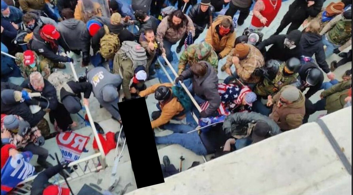 It has been possible to match the moment shown in this image to video footage of the exact same moment, which shows this police officer was pulled to the ground and dragged down the stairs by his helmet.