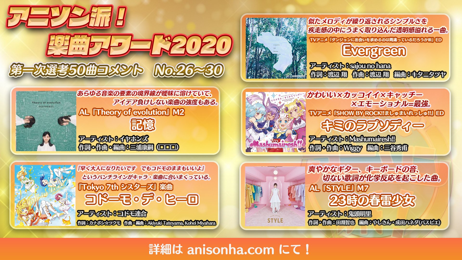 アニソン派 Project アニソン派 楽曲アワード 候補曲の推しコメントご紹介 今回は 記憶 イヤホンズ コドーモ デ ヒーロ コドモ連合 Evergreen Sajounohana キミのラプソディー Mashumairesh 23時の春雷少女 鬼頭明里
