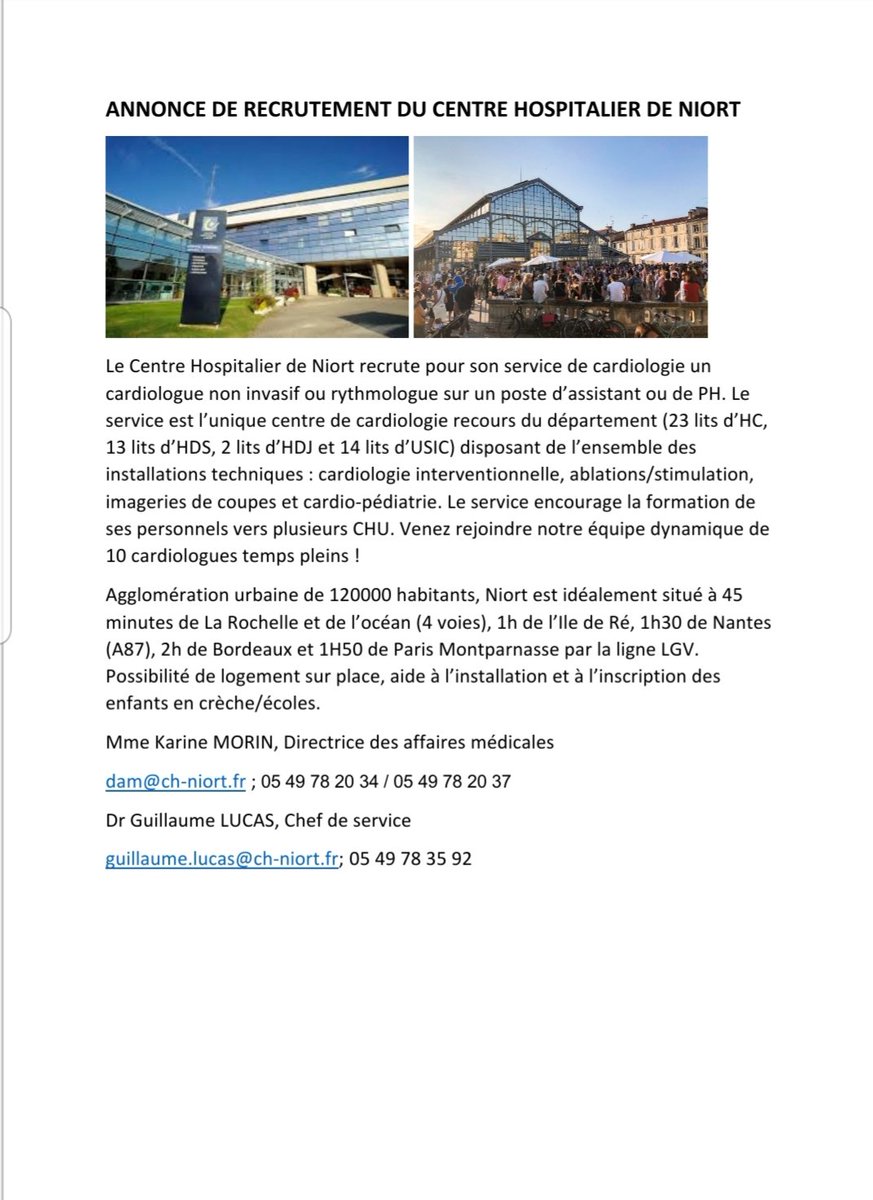 MathieuVioleau's tweet photo. Recherche cardiologue(s) ❤jeune ou +/- jeune pour compléter une équipe dynamique ainsi developper les activités spécialisées au sein @HopitaldeNiort notamment en  interventionnelle, ablation/stimulation, imagerie cardiaque, cardio pédiatrie👇.Ville verte. Ambiance bienveillante https://t.co/J9gW22UB2U