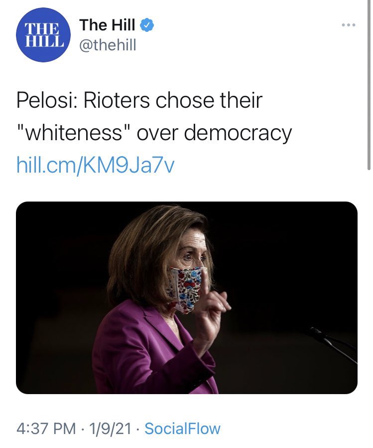 9NewsNancy's tweet photo. Nancy Pelosi said rioters chose their whiteness over democracy? But when BLM and Antifa burned down DC in 2020 she was all for democracy.

Did they choose their color over democracy Nancy? 

Since when does democracy have a color? https://t.co/xNUxSmIXdX