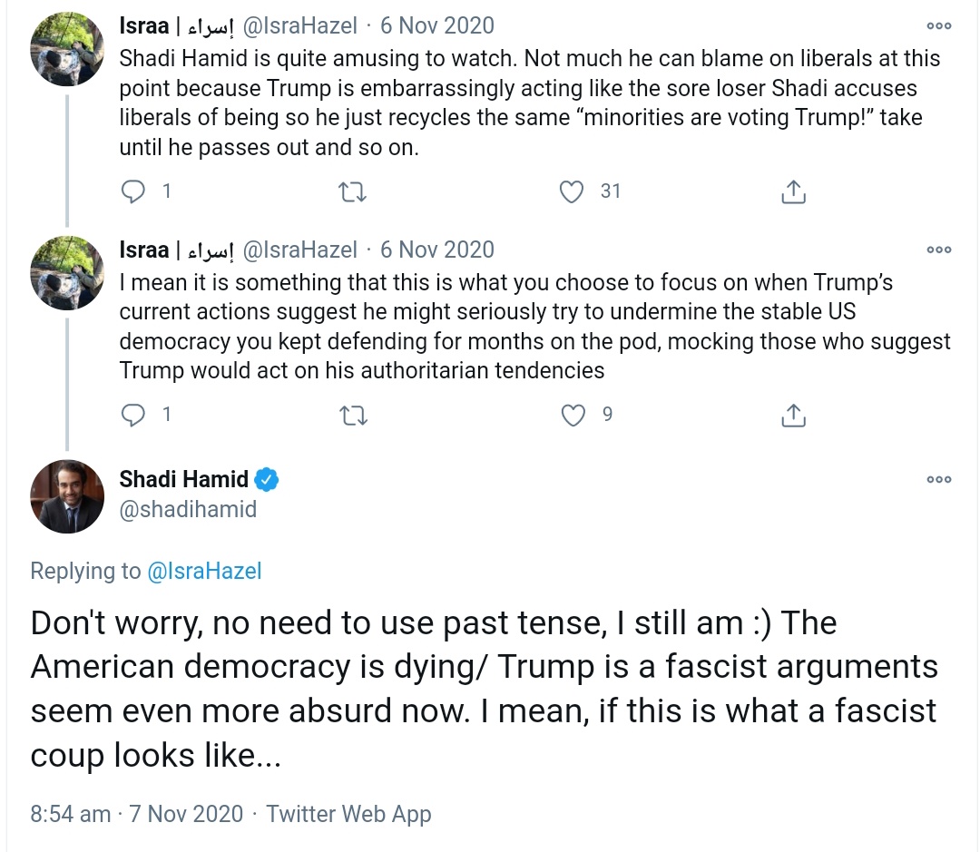 I'm looking forward to <a href="/shadihamid/">Shadi Hamid</a>'s next column where he sincerely apologizes to people like <a href="/jbouie/">b-boy bouiebaisse</a>, @lebesant and <a href="/IsraHazel/">Israa | ﮼إسراء</a> who warned about Trump and his fascist coup attempt.
