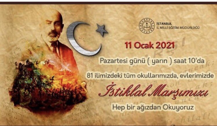 11.01.2021 Pazartesi günü Saat 10.00 da 81 ilimizde bütün okullarımızda İstiklâl Marşımız okunacaktır. Piyalepaşa İlkokulu olarak yarın saat 10.00 da bütün velilerimizi balkonlardan İstiklâl Marşımızı okumaya davet ediyoruz.  <a href="/istanbulilmem/">İstanbul İl Millî Eğitim Müdürlüğü</a> <a href="/beyogluilcemem/">Beyoğlu İlçe Milli Eğitim Müdürlüğü</a> <a href="/hnnbagci/">Hüseyin BAĞCI</a>