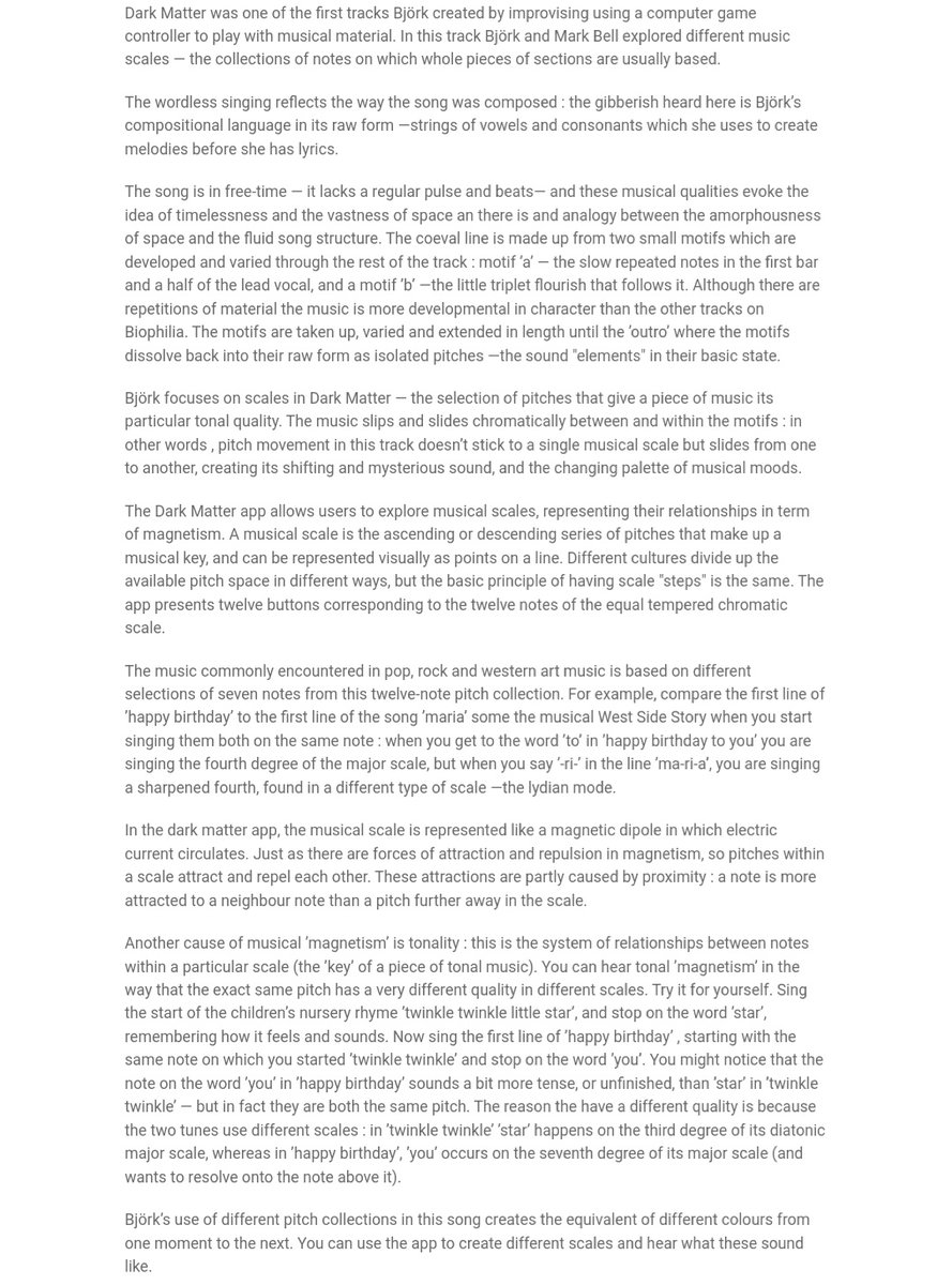 16. Nikki Dibben's Biophilia AnalysesShe's a musicologist and a University of Sheffield professor, who had the Herculean task of uniting all the different aspects of the project via words. It’s her clear/concise essays that explain the connection between song, nature, & science