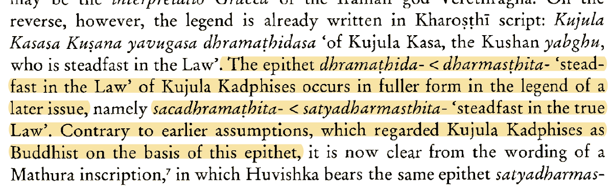 Emperor Kuja Kadphises had converted to Shaivism, a Mathura inscription from the Tōkrī Tīla mound (Maṭ village) clears up previous confusion (Based on him being called "satyadharmasthita" or 'steadfast in the true dharma' people speculated he was a Buddhist)This is incorrect.