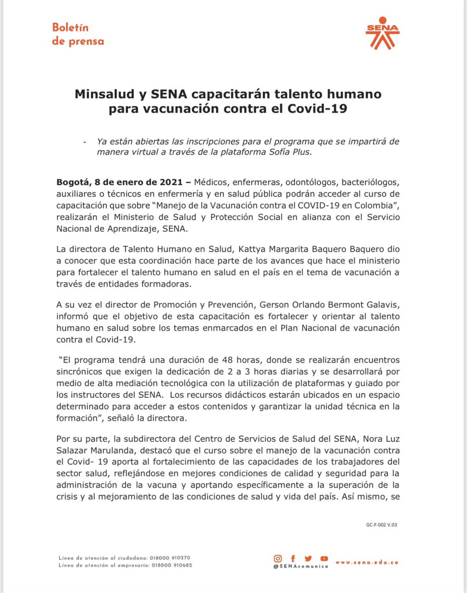 SENAComunica's tweet photo. ¡Buenas noticias! En un trabajo conjunto @MinSaludCol y el SENA capacitaremos talento humano en salud para vacunación contra el Covid-19. Para acceder al curso, deben ingresar a https://t.co/lCkrIPWtXZ ¡Ya están abiertas las inscripciones a través de la plataforma Sofía Plus! 👇 https://t.co/UDFPA2PTH3