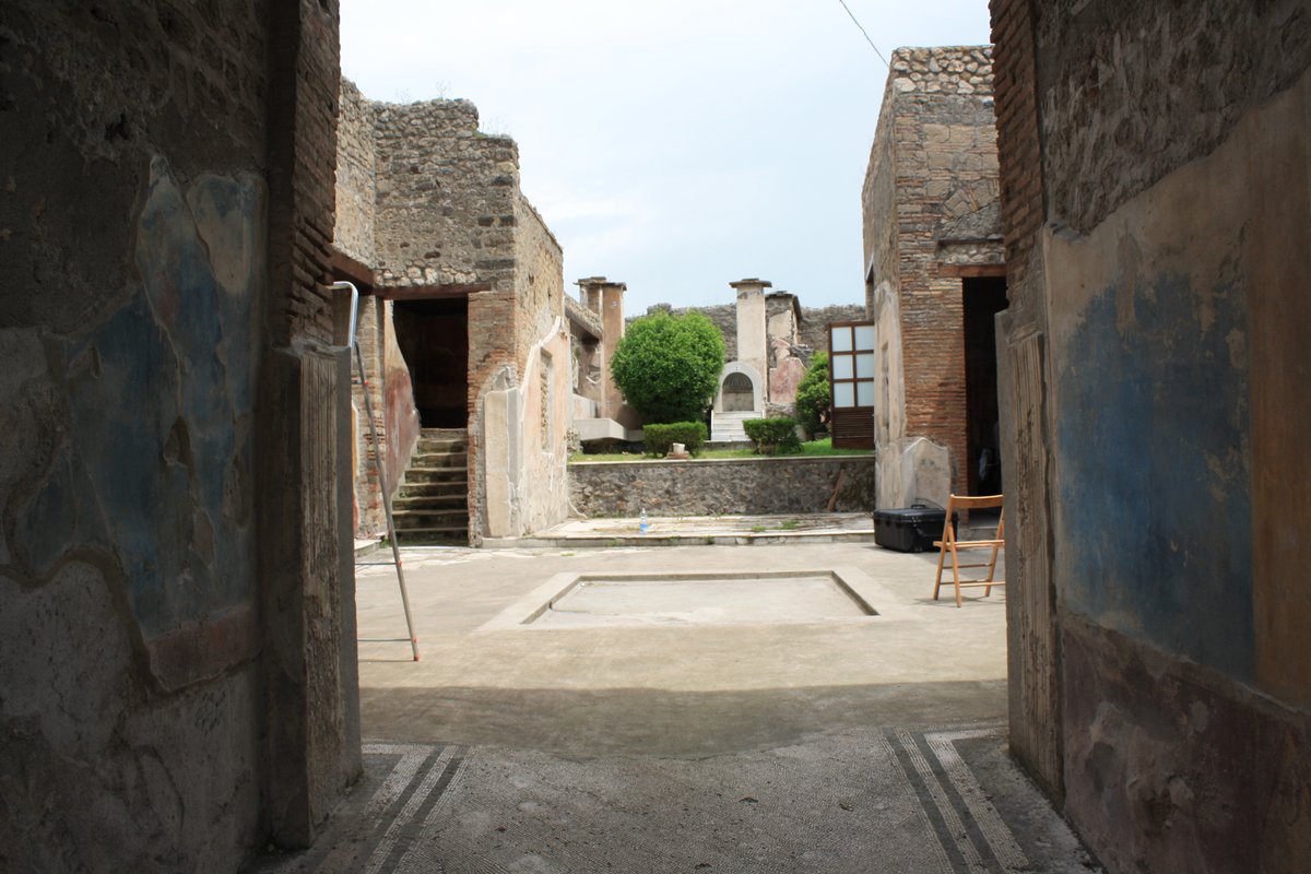 Even if the predominant hue of the fauces is of course  #EgyptianBlue, the socle was painted using red ochre and appears to be blackened nowadays. https://twitter.com/cinnabarim/status/1271822079315378176