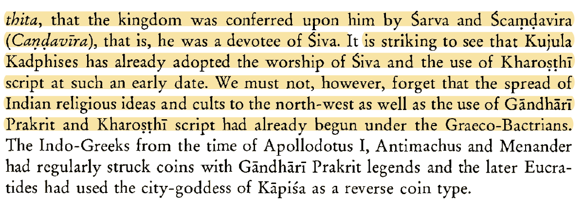 The Mathura inscription applied the same epithet to Emperor Huvishka (satyadharmasthita) but explicitly says the Kingdom was conferred upon its founder by Lord Shiva (Sarva is the epithet of Shiva). This makes it clear Kujula Kadphises had adopted Shaivism & the Kharoshti script.