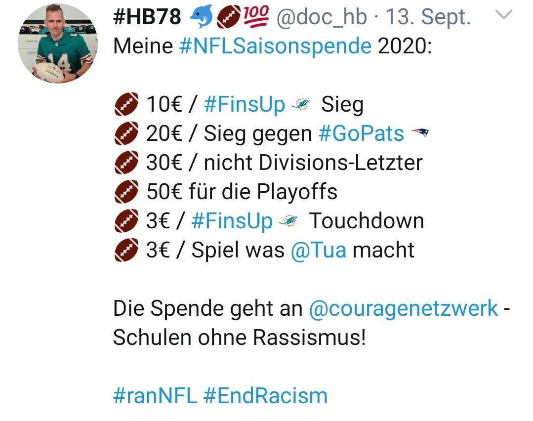 doc_hb's tweet photo. Meine #NFLSaisonspende:

10 Siege 100€
Pats-Sieg 20€
Nicht-Letzter 30€
42 TD's 126€
10×Tua 30€

Ich habe sie wie folgt aufgeteilt:

180€ an @couragenetzwerk (Schulen ohne Rassismus)

130€ an @DiakonieHH (Mitternachtsbus für Obdachlose)

#footballisfamily #ranNFL #NFL https://t.co/Lj1obEL65Z