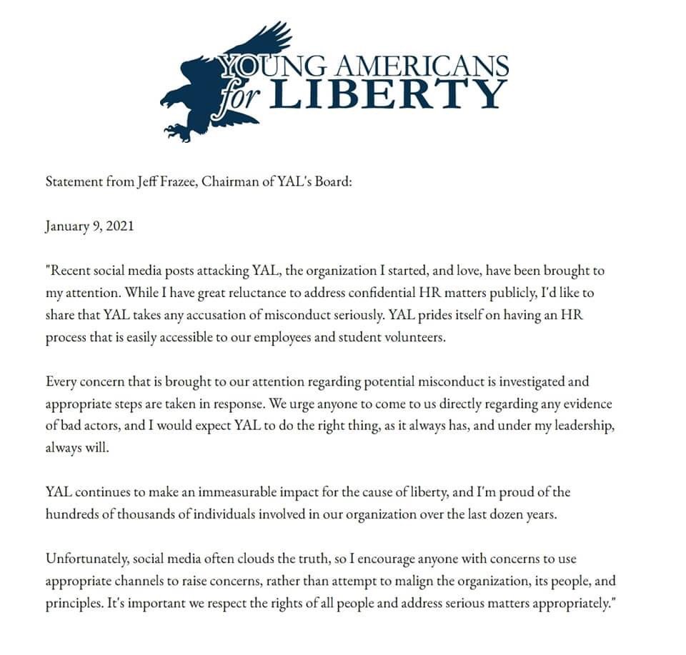 I’d like to personally thank @LibertyCliff and @YALiberty for showing me that cancelling my membership in the Legacy Society was a great decision. Women have come forward with evidence against you and your staff and the best you can do is call them liars? Pathetic. #YALtoo
