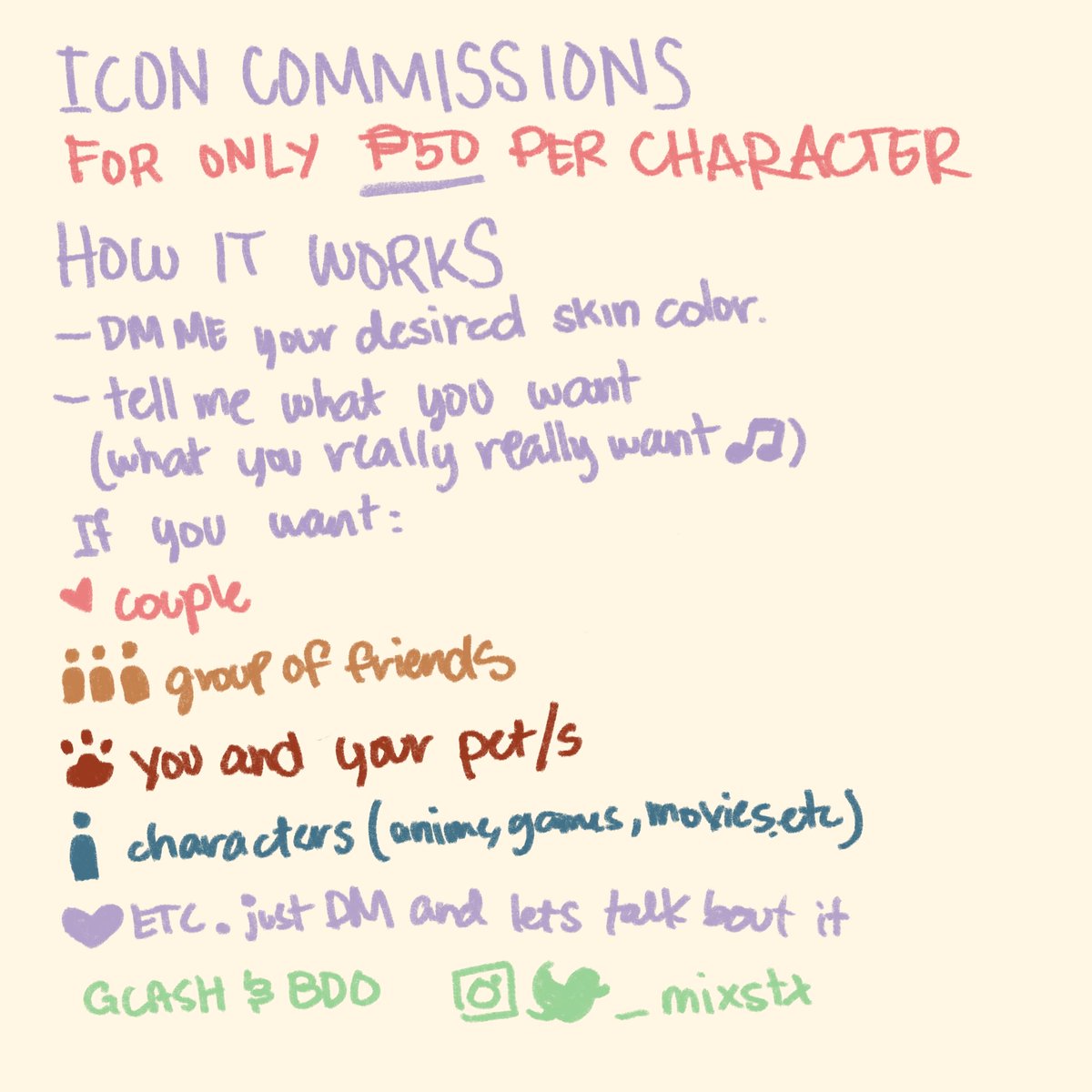 _mixstx's tweet photo. 💜ICON COMMISSIONS OPEN💜

PHP 50 each character. dm is the key. Retweets extremely appreciated 🥺 

@UncreatedArtist 
#commissionopen #artph #ArtistOnTwitter #artplug #opencommission https://t.co/MGYVYInMAQ