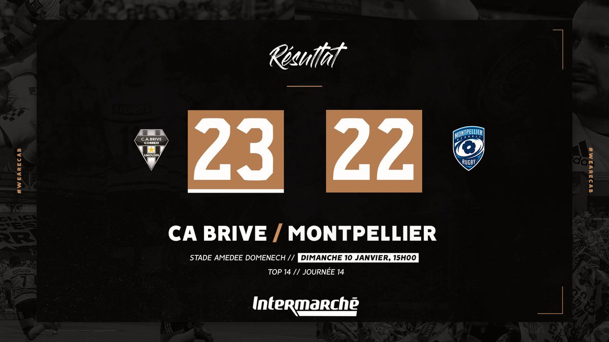 CABCLRUGBY's tweet photo. Victoire sur le fil du CA Brive face à Montpellier 23-22 ⚫⚪ Une fin de match incroyable de nos Brivistes 👊💥
#CABMHR https://t.co/0l5goOxbCw