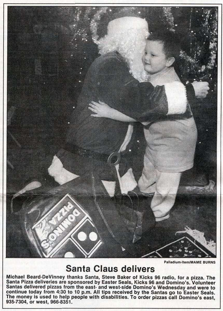 SteveBaker96's tweet photo. The year I dressed up as Santa and helped deliver #DominosPizza's to raise money for #Easterseals.  All tips to "Santa" went to those with disabilities. I was the tallest &amp; skinniest "Santa" ever but it was a fun &amp; rewarding charity to be involved with. From the 12.14.95 #PalItem https://t.co/ifQvz1Pzvt