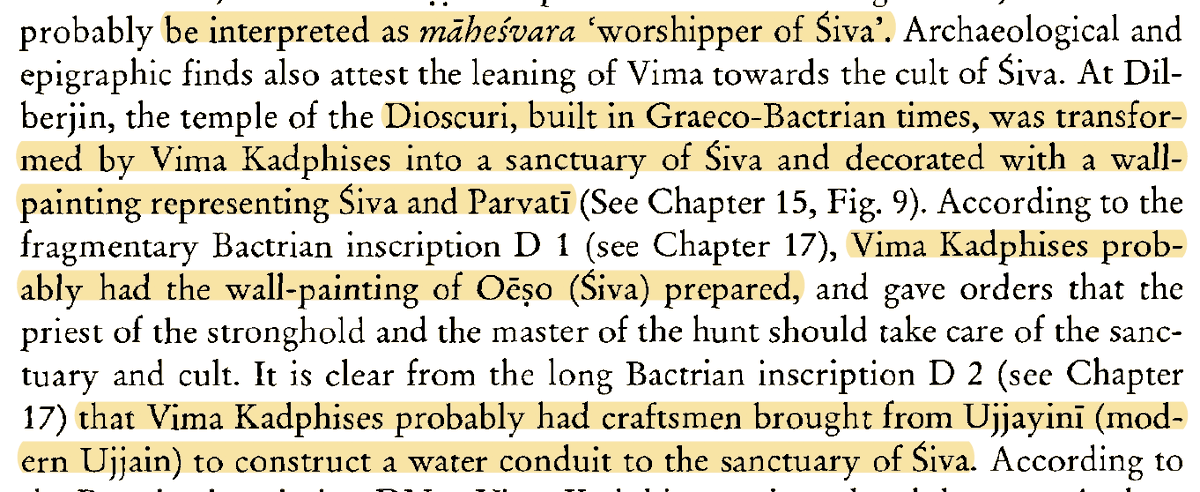 Emperor Vima Kadphises was also given the epithet māheśvara "worshipper of Shiva" on coinage. He also transformed the temple at Dilberjin to a sanctuary of Shiva & decorated the wall with Shiva, Parvati & Nandi. He bought craftsmen from Ujjain to Bactria to build a water conduit.