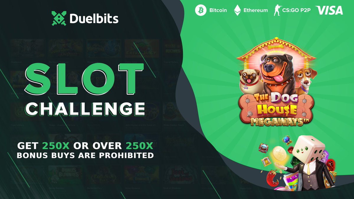 Duelbits's tweet photo. It's challenge time! 🐕

First person to hit a 250x or over on "Dog House Megaways" with a $0,50 bet or over wins $150!

If you've won; post your UID &amp; win down below!
Exclusively https://t.co/CEbgpB0ZyJ 😎

(Random retweet receives $25) https://t.co/cWV9swGnSq