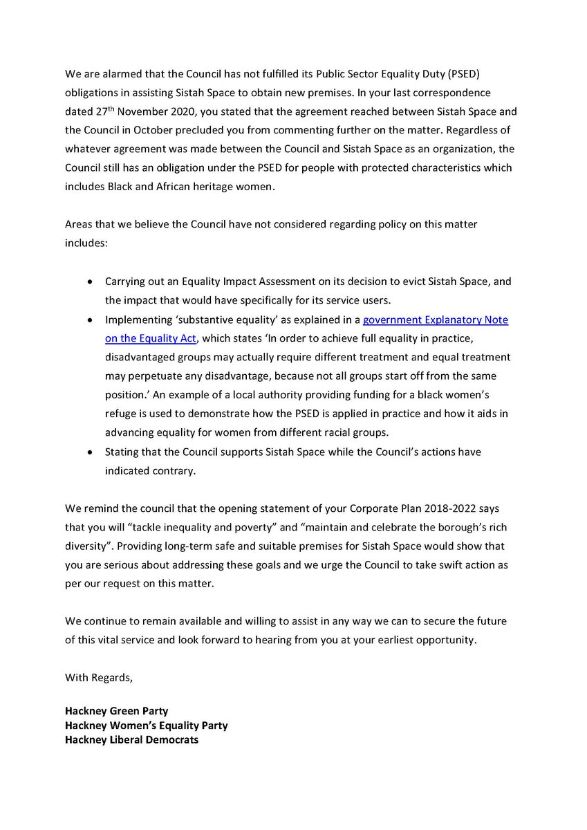 WomenHackney's tweet photo. WE, @hackneygreens &amp; @HackneyLibDems have written again to @mayorofhackney @PhilipGlanville asking given the #lockdown &amp; #London's #MajorIncident that @hackneycouncil extends the licence for @Sistah_Space to remain in current premises &amp; for the council to find long-term premises https://t.co/aSRHNmIKsk