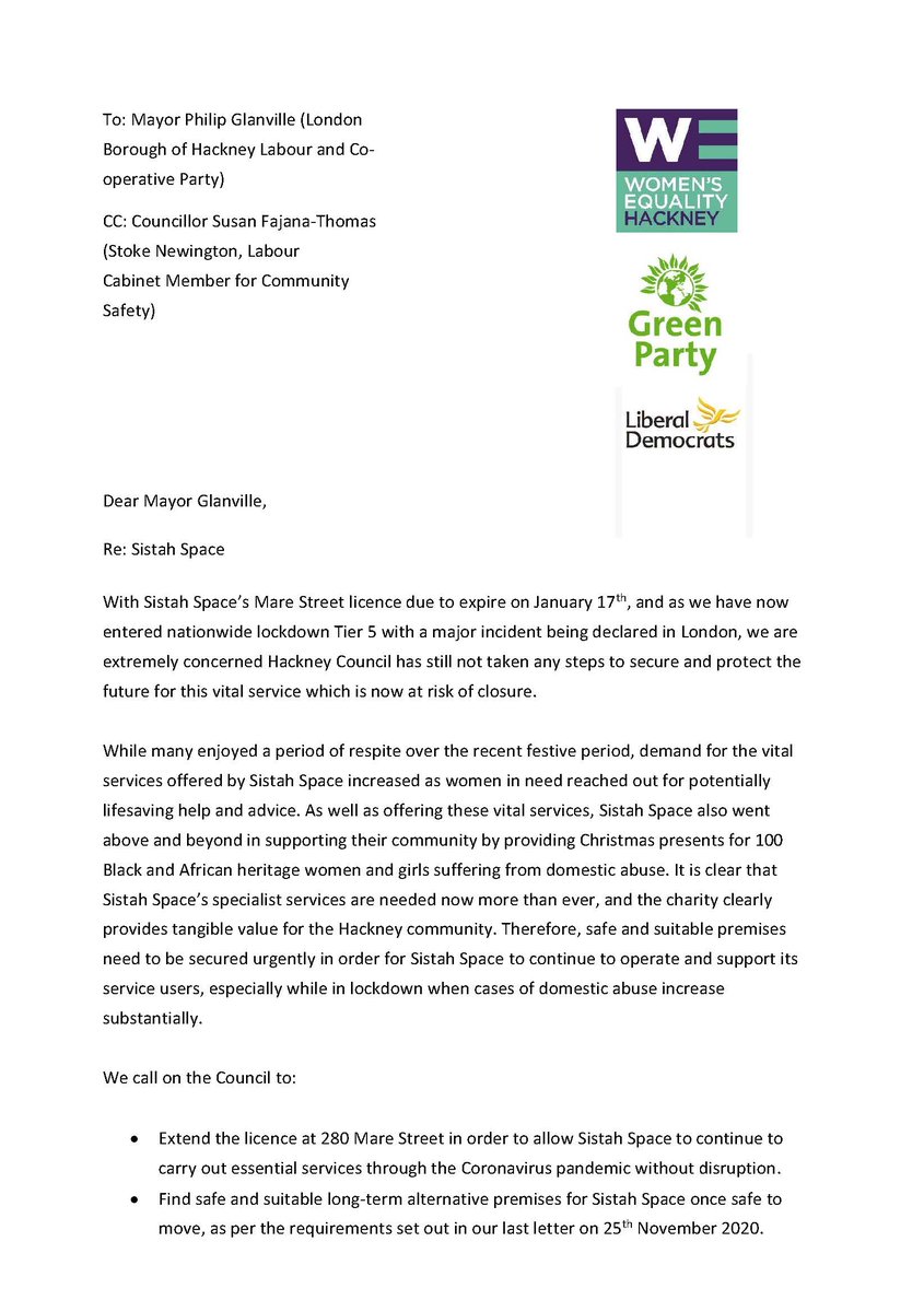 WomenHackney's tweet photo. WE, @hackneygreens &amp; @HackneyLibDems have written again to @mayorofhackney @PhilipGlanville asking given the #lockdown &amp; #London's #MajorIncident that @hackneycouncil extends the licence for @Sistah_Space to remain in current premises &amp; for the council to find long-term premises https://t.co/aSRHNmIKsk