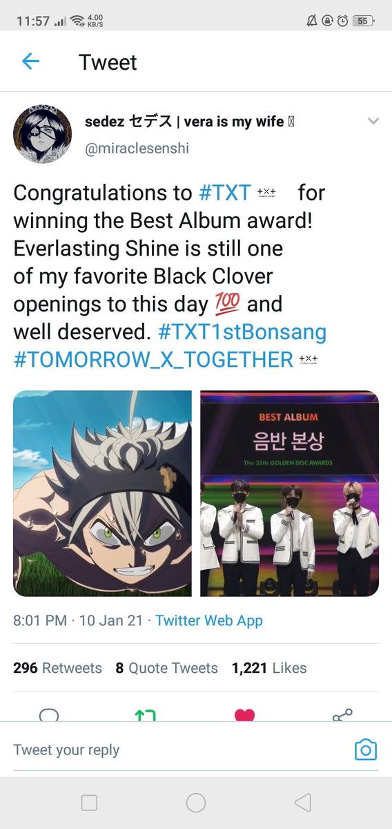 stan_SVTXT's tweet photo. Black Clover fans congratulating @TXT_members for their first bonsang award makes me soft 🤧❤️✨ 

#TXT1stBonsang #TOMORROW_X_TOGETHER #TXT #TXTxBC https://t.co/iLRqg6nIbe