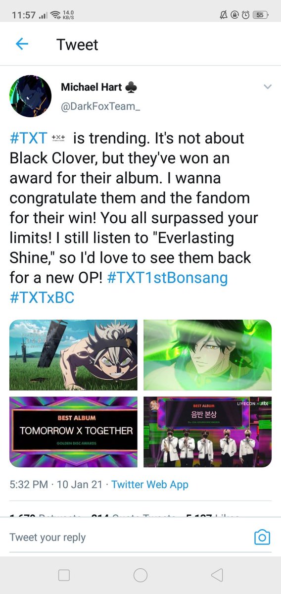 stan_SVTXT's tweet photo. Black Clover fans congratulating @TXT_members for their first bonsang award makes me soft 🤧❤️✨ 

#TXT1stBonsang #TOMORROW_X_TOGETHER #TXT #TXTxBC https://t.co/iLRqg6nIbe