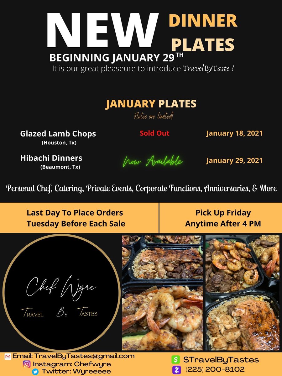 Wyreeeee's tweet photo. Allow me to reintroduce myself I am Chef Wyre a junior at Lamar University. I am the owner of a small catering business Travel By Tastes 🍽. This semester I will be selling various plates &amp; a simple RETWEET 🔁 would help spread the word a lot. Plates are limited!! https://t.co/dYL4Ju7tft