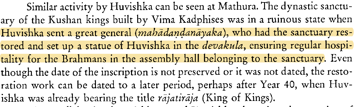 Emperor Huvishka ensured the dynastic sanctuary of the Kushanavaṃsha at Mathura was rebuilt and ensured regular hospitality for the Brāhmin-s in the assembly hall of the sanctuary. The Iranian War God Orlagno (Verethragna) was replaced by Hindu Gods of War like Skanda, Kumara.