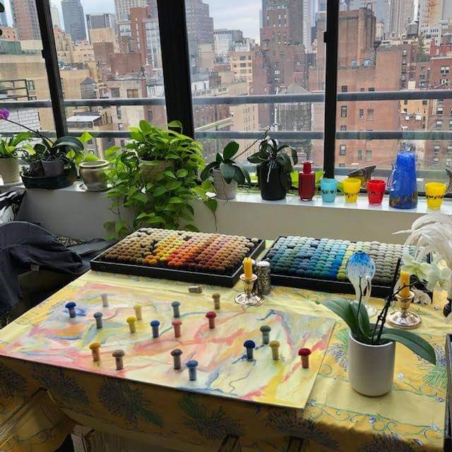 InsideWright's tweet photo. A client created a painting that will be translated into a rug. We are choosing the pom colors that best represent the blended paint colors.
How exciting to watch the unfolding of ones own creation, turned into a decorative conversation piece. https://t.co/MCO8bxKe2a