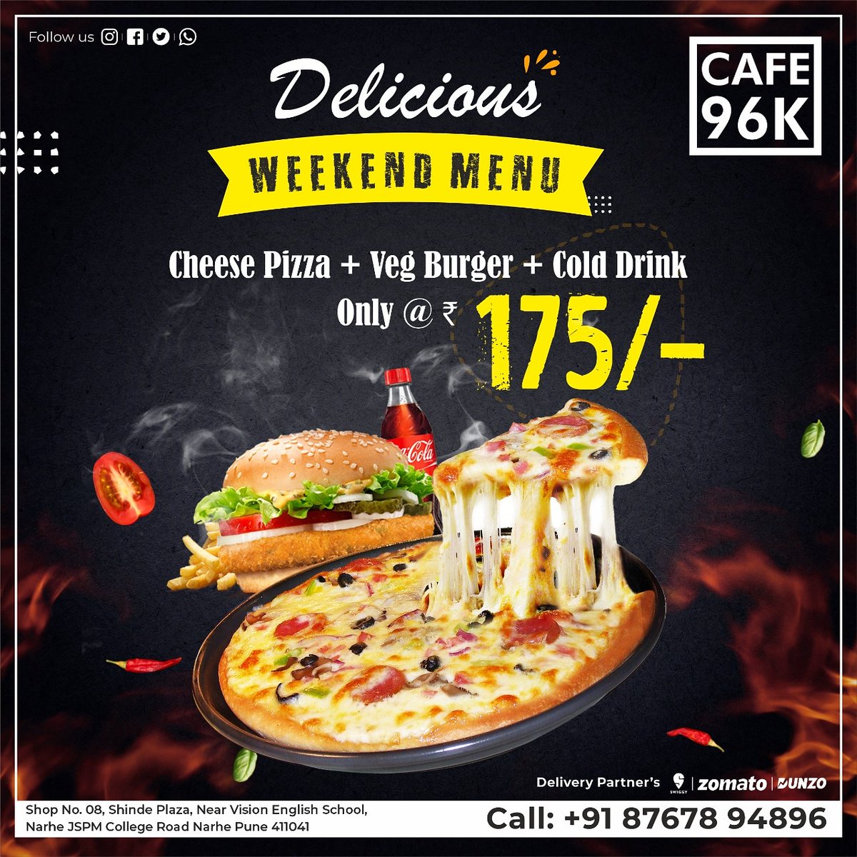 The Weekend is here!  Cafe 96k is all set to make your weekend a hit by offering a delicious weekend menu.  #cafe96k #cafefood  #vegburger #colddrink #weekendmenu #weekendparty #excitingoffers #discountedprices #onlyat175 #combooffer #followus #ordernow #enjoythefood #pune #India