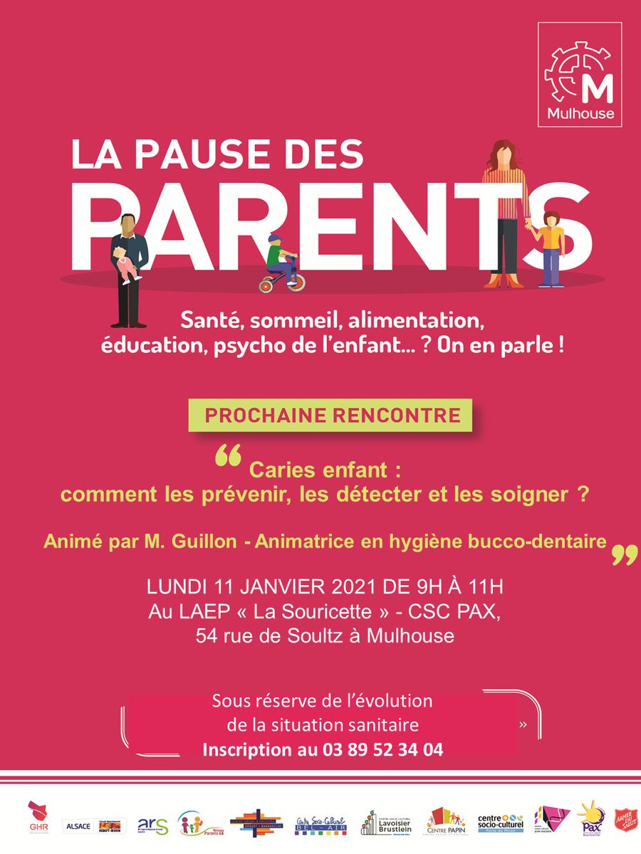mulhouse's tweet photo. ❓💬 #Parents, vous posez de nombreuses questions au quotidien sur l'#éducation et la #santé de votre enfant ? 👨👩👧👦 La #PauseDesParents vous conseille gratuitement
👉 Prochain RDV d'information demain au #CSCPax #Mulhouse : Comment prévenir, détecter & soigner les caries https://t.co/HrX6qHKYyy