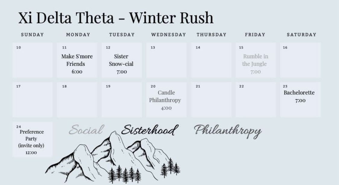 Winter Rush is upon us! Adventure Awaits with Xi Delta Theta. Message us or any sister for more information or to join our rush group!