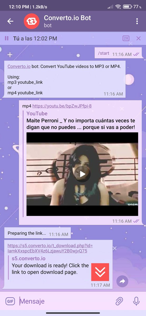 SoyRulitos's tweet photo. @converto_bot

Es uno de los pocos bots para descargar vídeos de YouTube. Su uso es muy sencillo, pues sólo necesitas escribir mp3 (para descargar en audio) o mp4 (para descargar en video) y el enlace del vídeo. https://t.co/8tDjV6jkWf