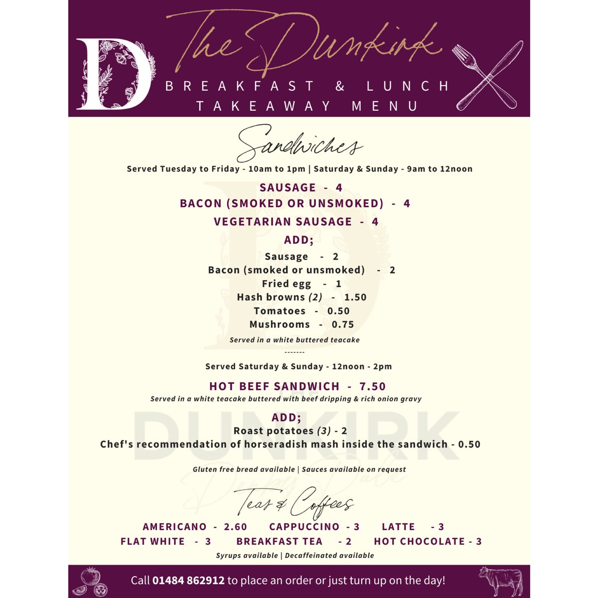 Here are our new menus from Tuesday - Sunday🍴 Pre-order lines are open tonight 5-8pm and then back again on Tuesday 10am-3pm 01484 862912 ☎️ Please spread the word for us, the menus can also be found on our website thedunkirk.co.uk Thank you 💕