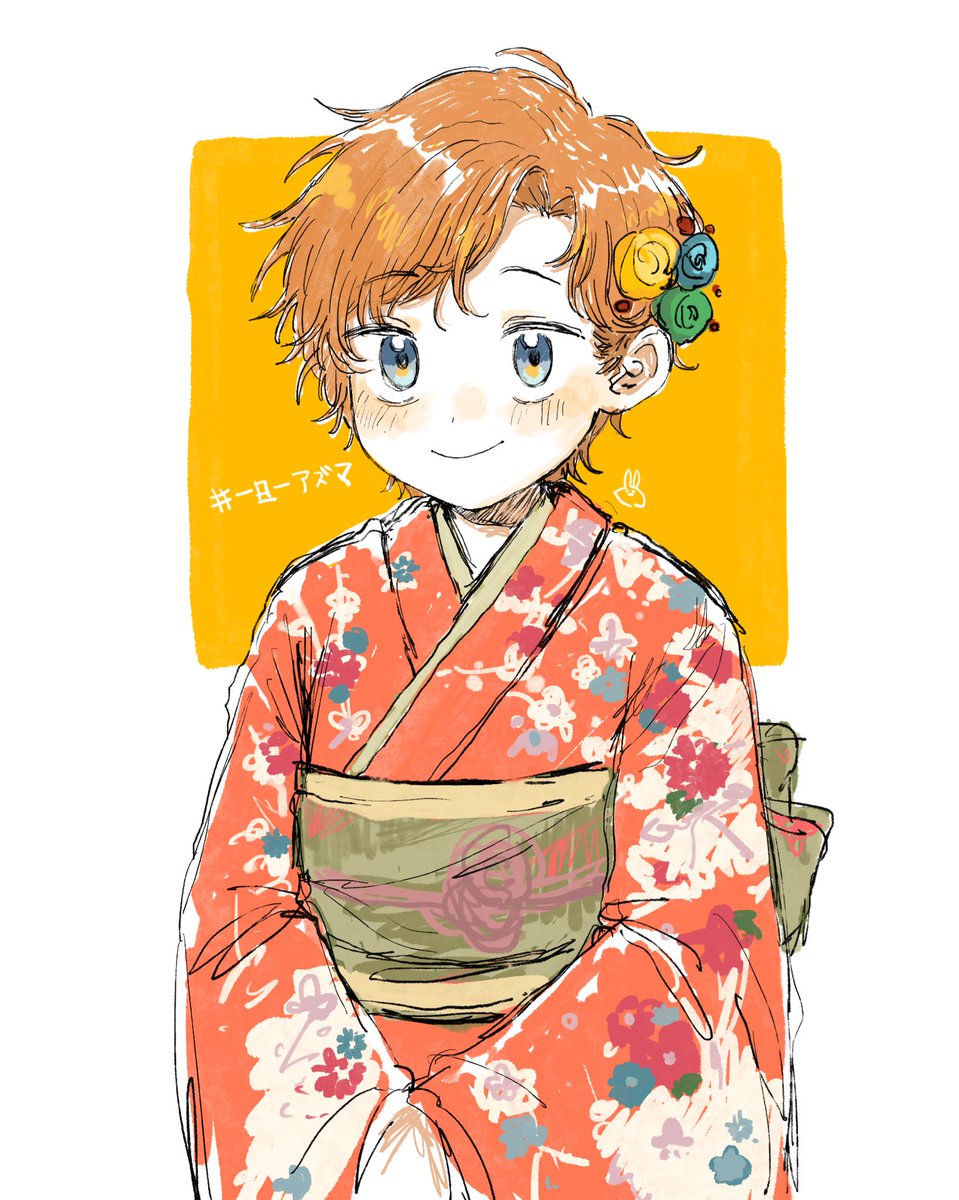japanese clothes solo kimono blue eyes 1girl smile short hair  illustration images