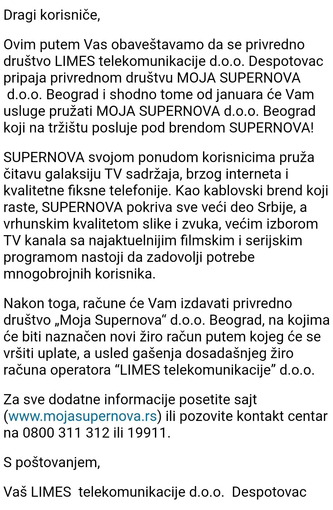 Moj Despotovac on Twitter "Obaveštenje Limes Telekomunikacije prilikom pripajanja MOJA