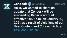 Update:  @Zendesk is terminating their business with Parler at midnight tonight at the same time as  @awscloud Thank you!