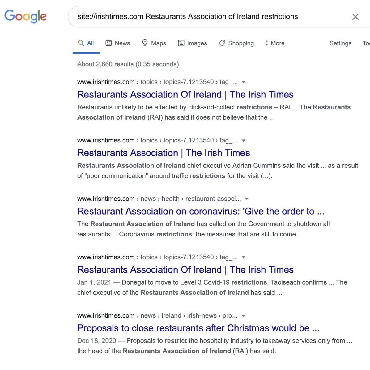 The Restaurant Association (RAI) was referenced in 100s of Covid articles in both major papers but  @ISAGCOVID19 which did warn only appeared 1 for every 665 times the RAI got into The Irish Times & 1 for every 226 RAI was in the Independent.