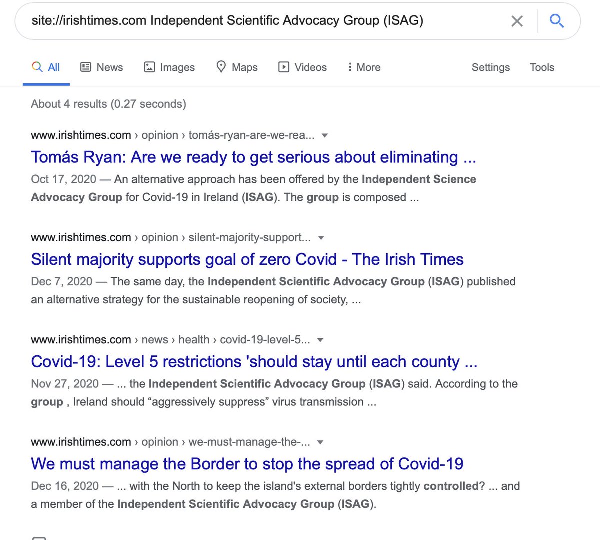 The Restaurant Association (RAI) was referenced in 100s of Covid articles in both major papers but  @ISAGCOVID19 which did warn only appeared 1 for every 665 times the RAI got into The Irish Times & 1 for every 226 RAI was in the Independent.