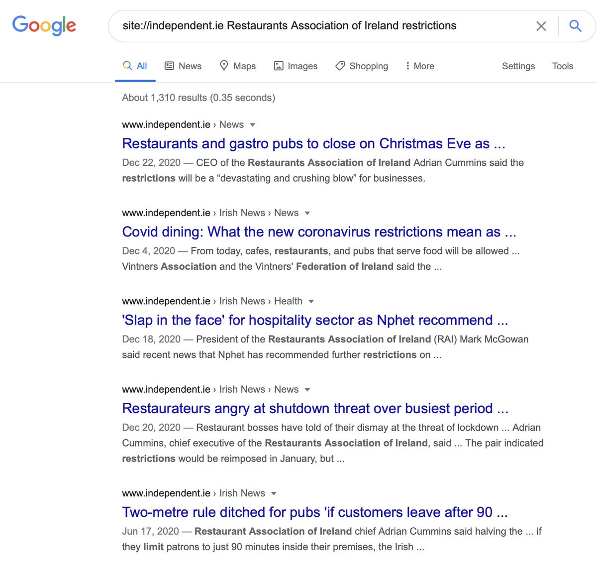 The Restaurant Association (RAI) was referenced in 100s of Covid articles in both major papers but  @ISAGCOVID19 which did warn only appeared 1 for every 665 times the RAI got into The Irish Times & 1 for every 226 RAI was in the Independent.