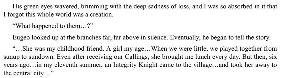 A collection of Kirito's descriptions of Eugeo's features in LN- V9:"His features were fine and gentle, and his eyes looked dark green."“His green eyes wavered, brimming with the deep sadness of loss, and I was so absorbed in it that I forgot this whole world was a creation.”